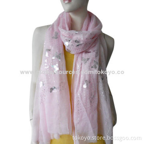 Recycled polyester scarf with sequins and silver foil, light pink color, measures 180*70+1.5cm